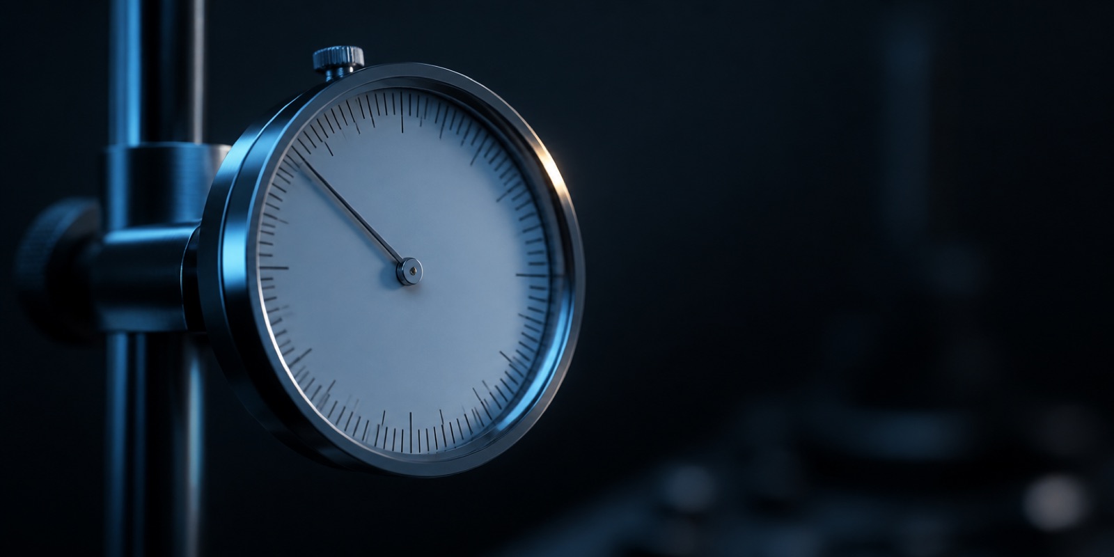 The face of an analogue dial indicator on its stand, lit from the left against a dark background, its needle resting off zero